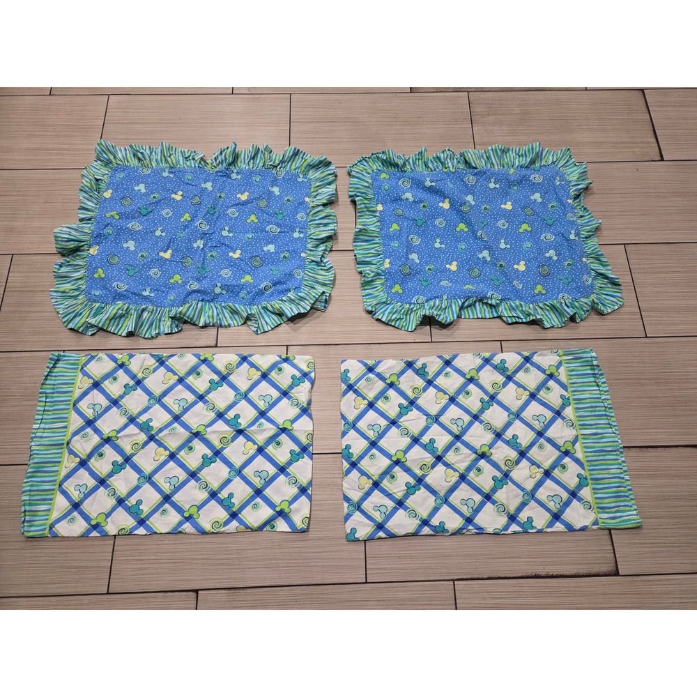 Vintage Blue Green Disney Mickey Mouse Cotton Flat Sheet Set Queen Bedding - Picture 3 of 7